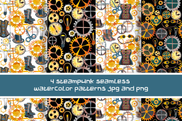 4 Steampunk Seamless Watercolor Patterns